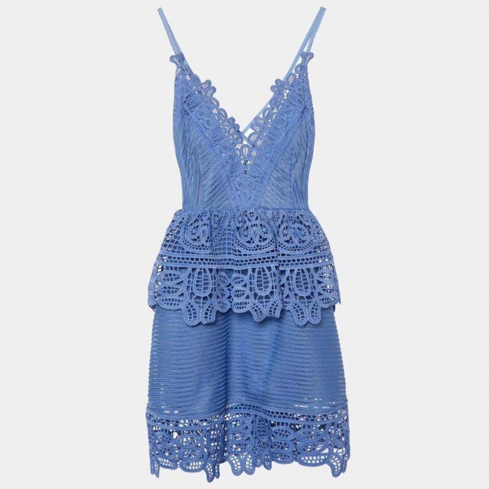 self-portrait - Lace Peplum Dress - Blue - Size US 8 (Small)